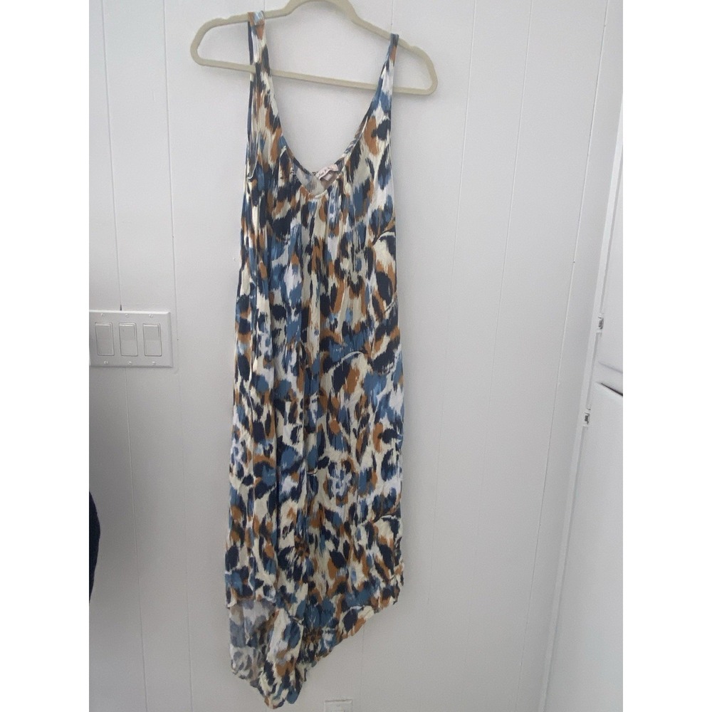 Harlow & Rose Abstract Ikat Print Wide Leg Jumpsuit Medium Rayon Blue Brown Boho
